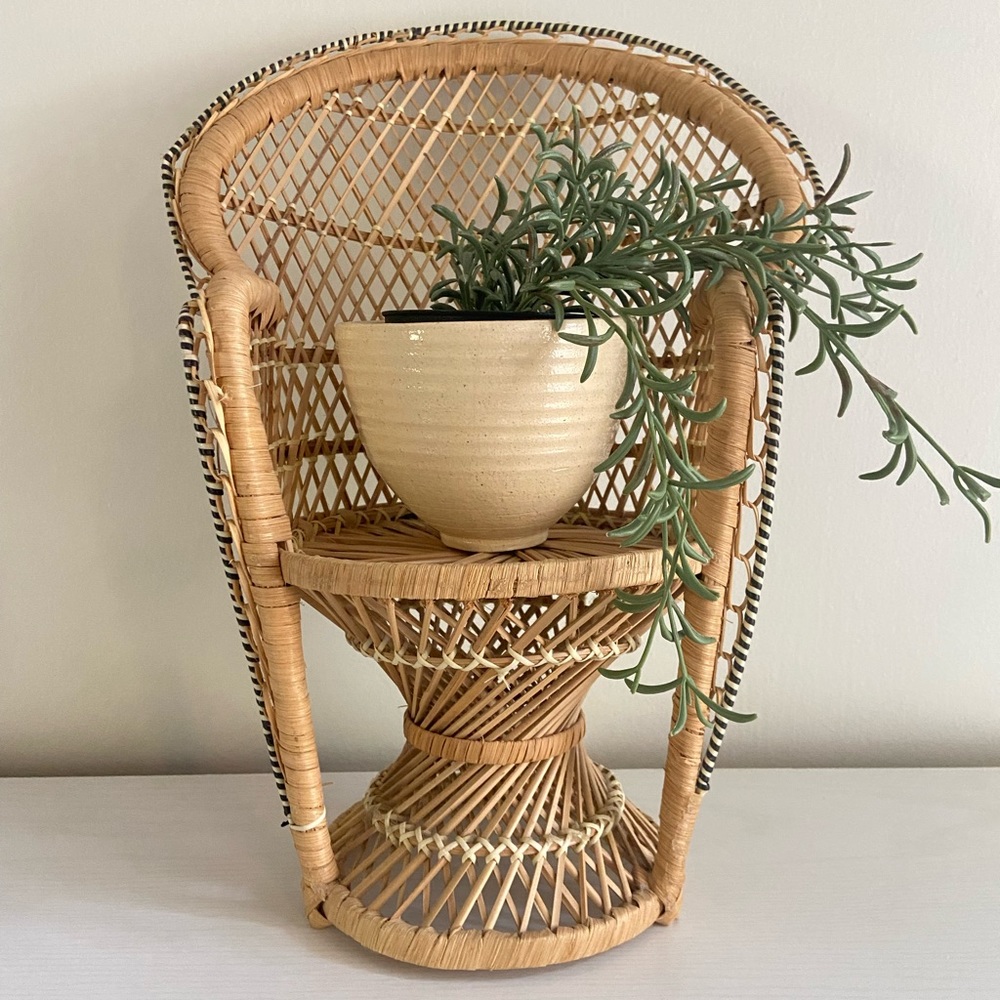 Vintage Wicker Peacock Chair Plant Stand
